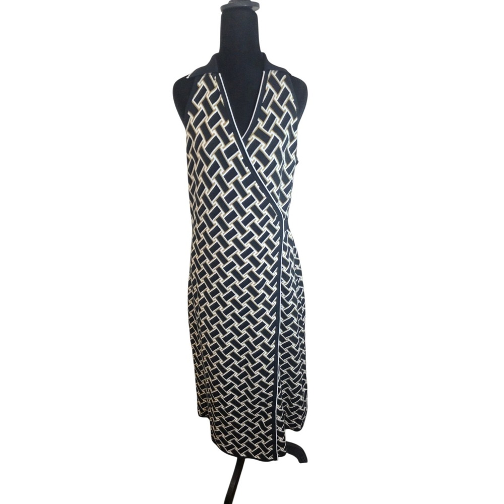 Geometric Wrap Midi Dress Sleeveless Tie Waist Black White XL